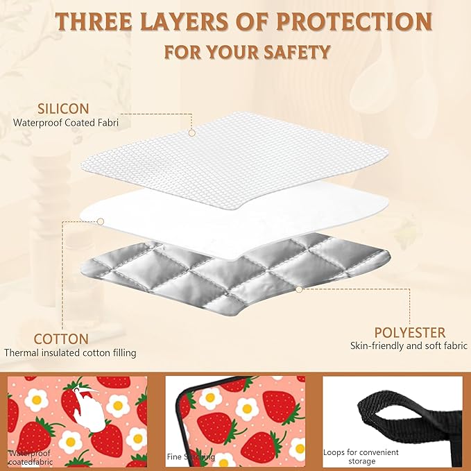 2PCS Fruit Design Strawberry Groovy Floral Pot Holder with Loop,Heat Resistant Oven Pads,Hot Pat for Kitchen Cooking Baking Food