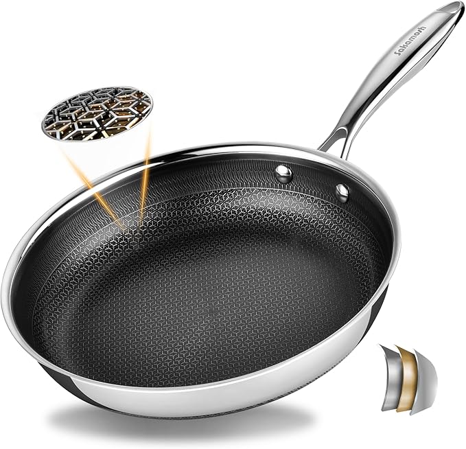 11" Non Stick Frying Pans, Stainless Steel Pan, Ceramic Skillet with Stay-Cool Handle, Non Toxic, PFAS PFOA PTFE Free, Dishwasher Safe, Induction, Compatible with All Cooktops