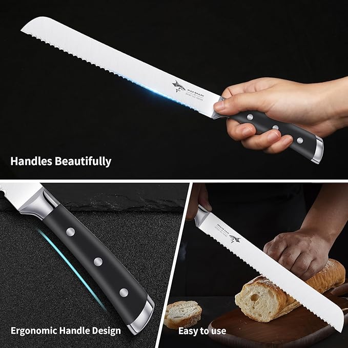 MAD SHARK Bread Knife 8 Inch Pro Serrated Bread Cutter,German High Carbon Stainless Steel Cake Knife with Ergonomic Handle, Ultra Sharp Baker's Knife