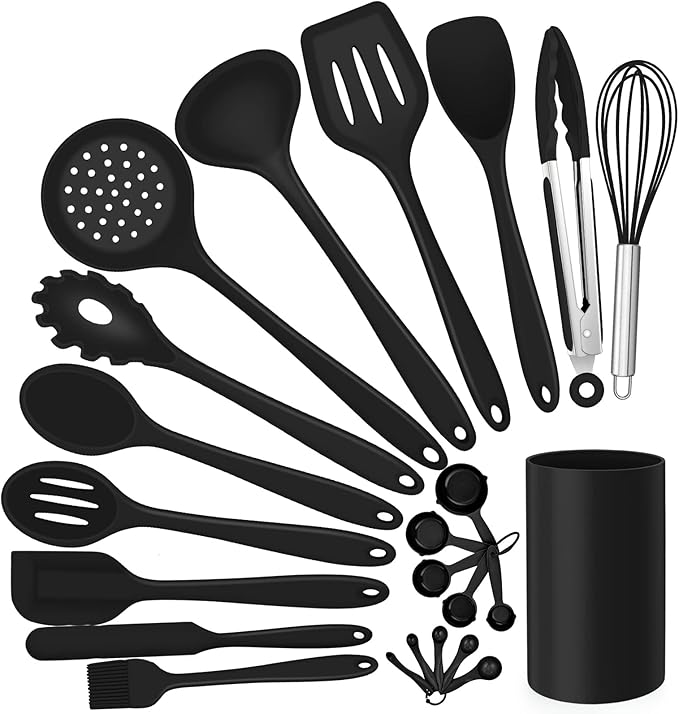 Silicone Kitchen Utensils Set, E-far 23 Pcs Black Cooking Utensils Tools with Holder for Nonstick Cookware, Include Spatula/Spoon/Ladle/Tongs/Turner, Heat Resistant & Nontoxic, Dishwasher Safe