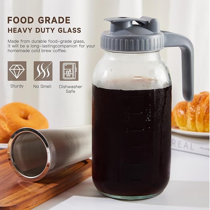 Cold Brew Coffee Maker Pitcher, 64 OZ Heavy Duty Glass Wide Mouth Mason Jar Pour Spout Airtight Lid with Stainless Steel Infuser Filter for Iced Coffee, Ice Tea, Brewed Making