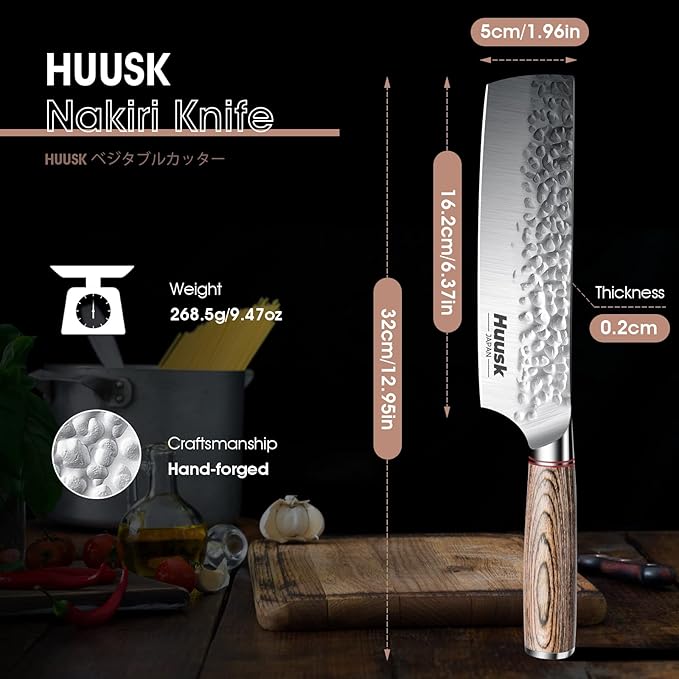 Huusk Japan Knife, Nakiri Chef Knife 7 Inch Professional High Carbon Steel Hand Forged Chef Vegetable Knife Sharp, Multipurpose Kitchen Knife Father's Day Gift,Ergonomic Pakkawood Handle