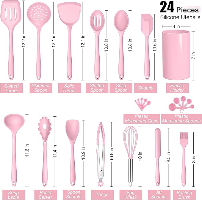 E-far Pink Silicone Cooking Utensils Set, 24Pcs Heat Resistant Kitchen Utensil with Holder, Silicone Kitchen Tools with Spatula Turner Spoon Tongs Whisk, Non-Toxic & Dishwasher Safe