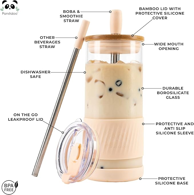 Pandaloo® Glass Cups With Lids and Straws -20 Fl Oz- Perfect Size Iced Coffee Cup - Smoothie Cup With Bamboo Lid and On the go Lid - Glass Tumbler With Straw (1 Count (Pack of 1), Vanilla Cream)