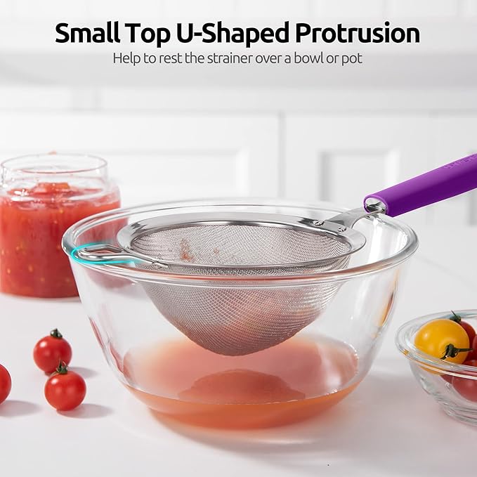 18/8 Stainless Steel Mesh Strainer: U-Taste 5.5 Inch Kitchen Fine Mesh Sieve Food Colander with Riveted Sturdy Silicone Handle and 30 Mesh Hole for Straining Flour, Pasta, Fruit, Quinoa (Purple)