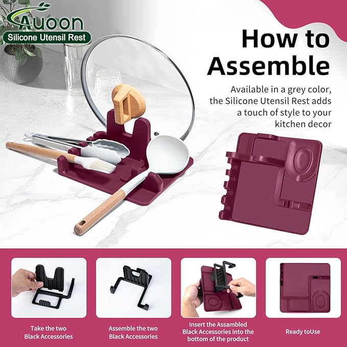 AUOON Spoon Holder for Stove - Silicone Spoon and Lid Rest with Drip Pad Kitchen Utensil Rest for Spoons, Ladles, Spatulas, Tongs & More (Cherry, Large)