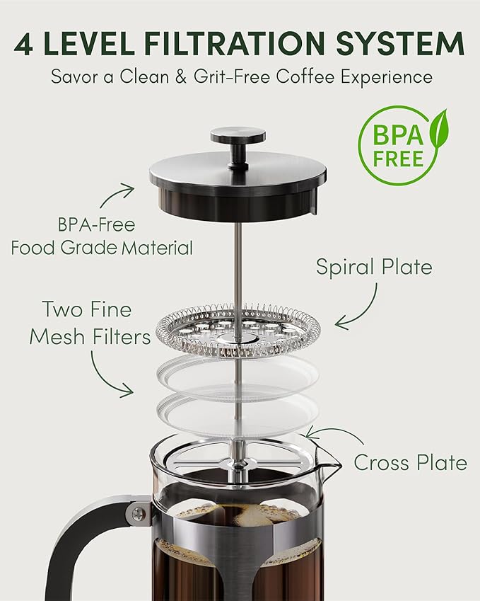 BAYKA French Press Coffee Maker, Large 304 Stainless Steel Coffee Press, Cold Brew Heat Resistant Thickened Borosilicate Coffee Pot for Camping Travel Gifts, 34 Ounce, Dark Pewter