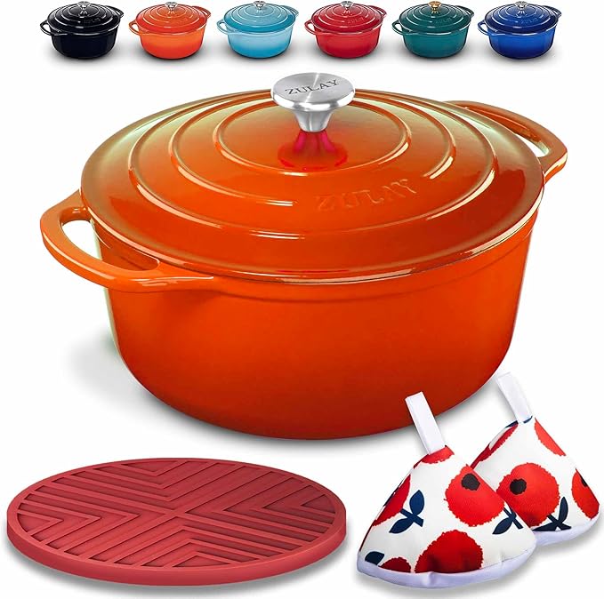 Zulay Kitchen 5 Quart Enameled Cast Iron Dutch Oven with Lid,Silicone Trivet & Heat Pad – Premium Durability & Oven Safe up to 500°F– Heavy Duty Cookware Perfect for Bread Baking, Stews, Braising & Roasting – Orange