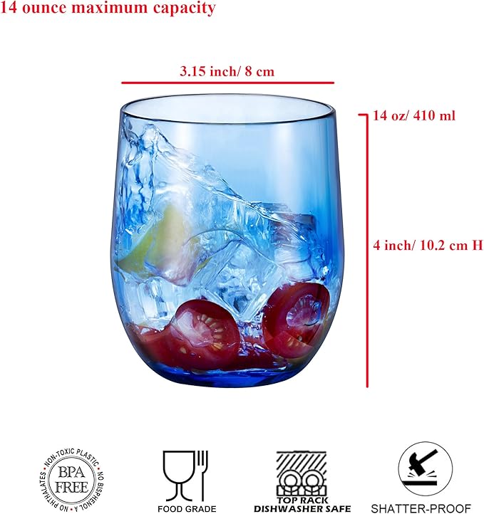 14-ounce Plastic Stemless Wine Glasses, All Purpose Arcylic Glasses, set of 6 Blue Reusable Shatter-resistant Dishwasher Safe