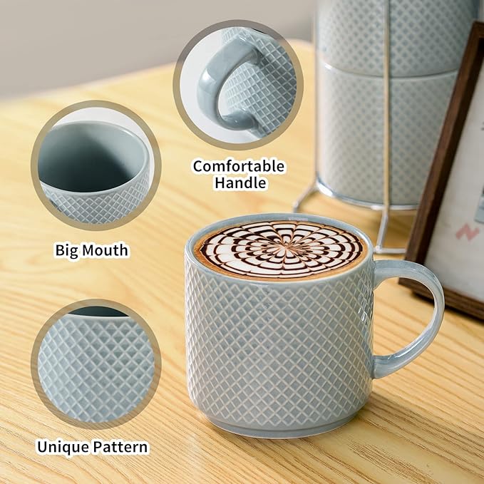 Hasense Coffee Mugs with rack, 15 Ounce Porcelain Stackable Large Ceramic Blue Coffee Cups Set of 4 with handle for Drinks Like Tea, Cappuccino, Milk, Mocha and Cereal, Microwave & Dishwasher Safe
