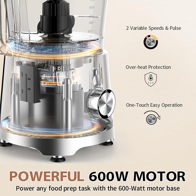 Food Processor and Vegetable Chopper 600W BPA Free 12-Cup Bowl, French-Fry-Cutter, 6.8oz Grinder for Cheese Grating, Ice Creshing, Chopping, Shredding, Slicing, Mixing and Doughing, 2+P Speeds