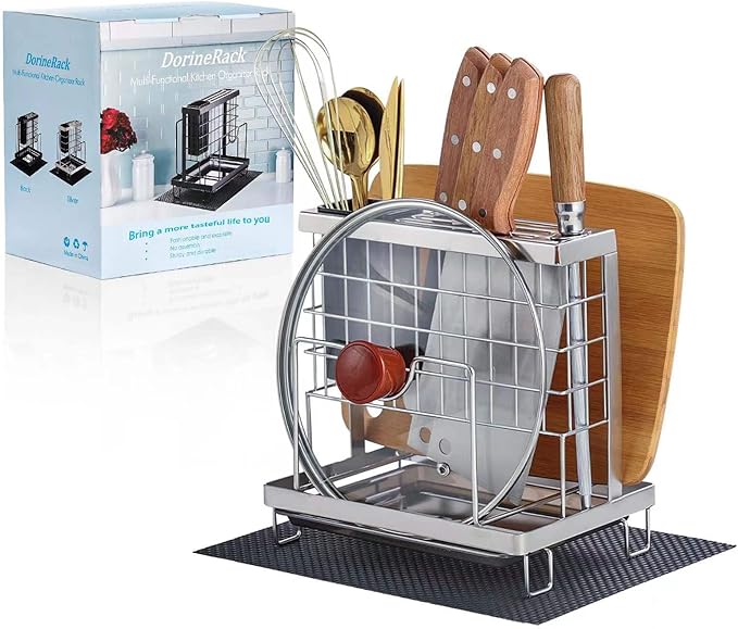 Knife Block Holder, Kitchen Knife Holder Storage Organizer,Utensil & Cutlery Caddy, Cutting Board Holder, Pot Lid Stand with Anti-Slip Pad for Countertop, Space-Saving (Silver)