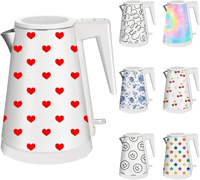 1.2L Double Wall Stainless Steel Interior Water Boiler, Cordless, 1000W Fast Boil with LED Light Coffee Pot & Tea Electric Kettle, Auto Shut-Off and Boil-Dry Protection (Heart)