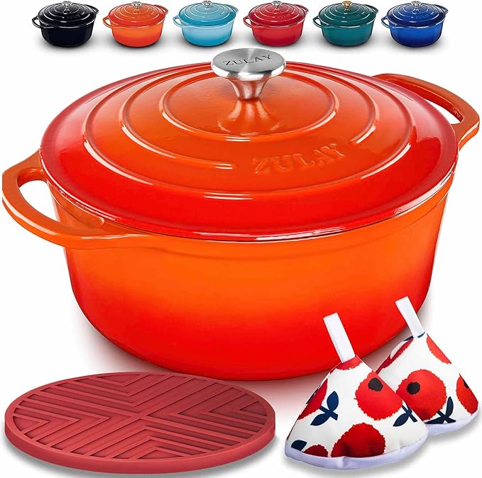 Zulay Kitchen 7.7 Quart Enameled Cast Iron Dutch Oven with Lid, Silicone Trivet & Heat Pad – Premium Durability & Oven Safe up to 500°F – Heavy Duty Cookware Perfect for Bread Baking, Stews, Braising & Roasting – Orange