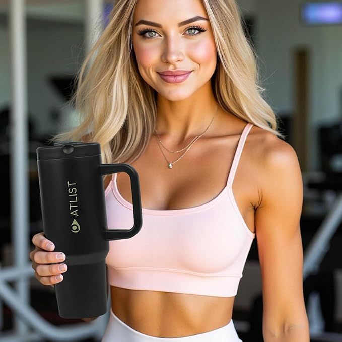 100% Leakproof 40 oz Tumbler with Handle & 4-in-1 SipSwig Lid, Built-In Flip Straw & External Stainless Steel Straw, Insulated Stainless Steel Cup, BPA-Free, Black