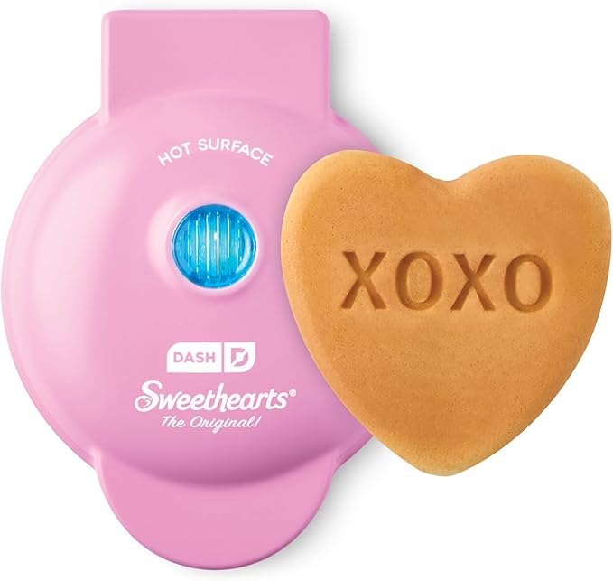 DASH x Sweethearts® Mini Waffle Maker - 4” Waffle, Heart Shaped Waffle, Nonstick Waffle Iron with Quick Heat-Up, Perfect Mini Waffle Maker for Kids and Families, Valentines Day - XOXO (Pink)