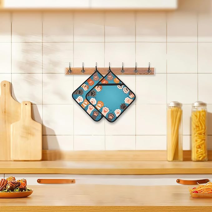 2PCS Cute Cat Paws Pot Holder with Loop,Heat Resistant Oven Pads, Hot Pat for Kitchen Cooking Baking Food