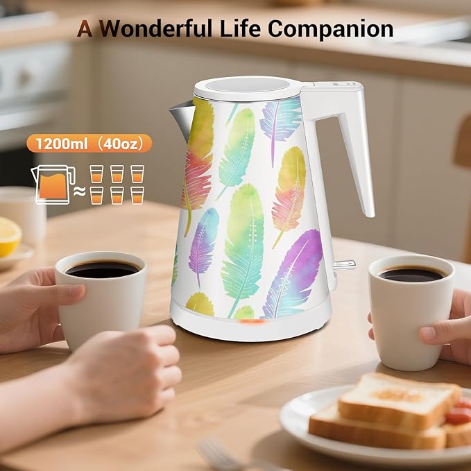 1.2L Double Wall Stainless Steel Interior Water Boiler, Cordless, 1000W Fast Boil with LED Light Coffee Pot & Tea Electric Kettle, Auto Shut-Off and Boil-Dry Protection (Colorful Graffiti)