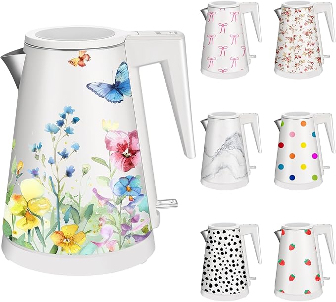 1.2L Double Wall Stainless Steel Interior Water Boiler, Cordless, 1000W Fast Boil with LED Light Coffee Pot & Tea Electric Kettle, Auto Shut-Off and Boil-Dry Protection (Garden)