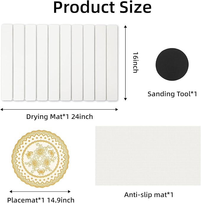 Stone Dish Drying Mat, 24"(L)×16"(W) - Fast-Drying, Collapsible Kitchen Counter Mat for Dishes, Cups & Bottles with Sanding Tool + Placemat, White