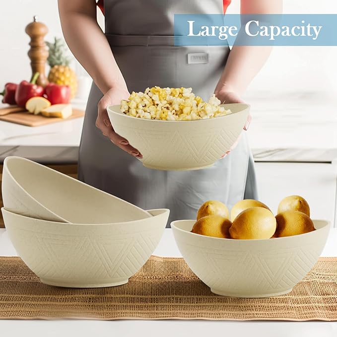 Large Bowls 65 OZ, Wheat Straw Bowls Set of 4, Unbreakable Salad Bowl, Microwave & Dishwasher Safe Big Bowl, Kitchen Serving Bowl for Salad, Cereal, Soup and Oatmeal (Beige)