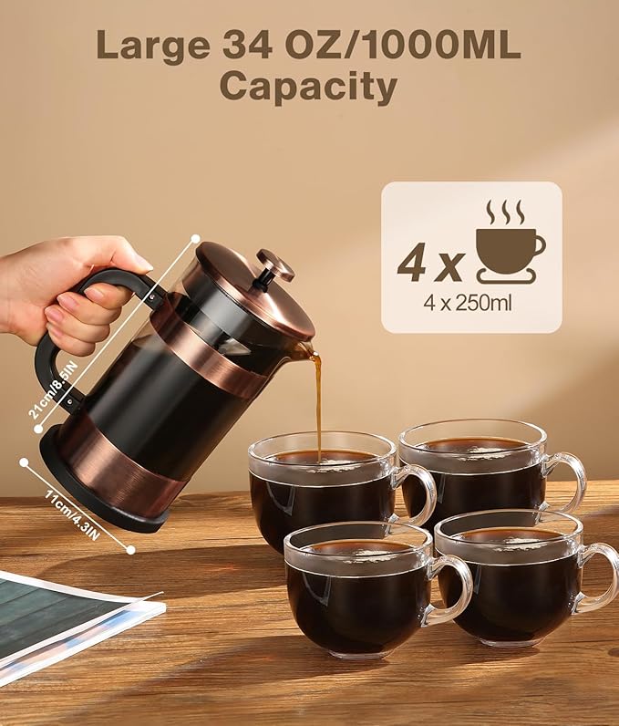 French Press Coffee Maker - 34 Ounce Classice Stainless Steel Coffee Press with 4-Level Filtration System, Heat Resistant Thickness Borosilicate Glass French Press Coffee Pot for Camping Travel Gift