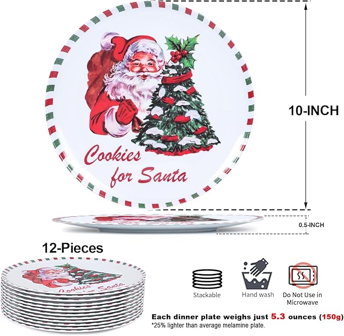 10-Inch Christmas Melamine Dinner Plates, 12-Piece Dishes Set, Lightweight & Stackable for Holidays& Decor Party plates, Ideal for Salad,Dessert,Fruit and Cakes