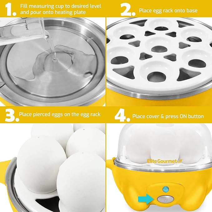 Elite Gourmet Easy Electric 7 Egg Capacity Soft, Medium, Hard-Boiled Cooker Poacher, Scrambled, Omelet Maker with Auto Shut-Off and Buzzer, BPA Free