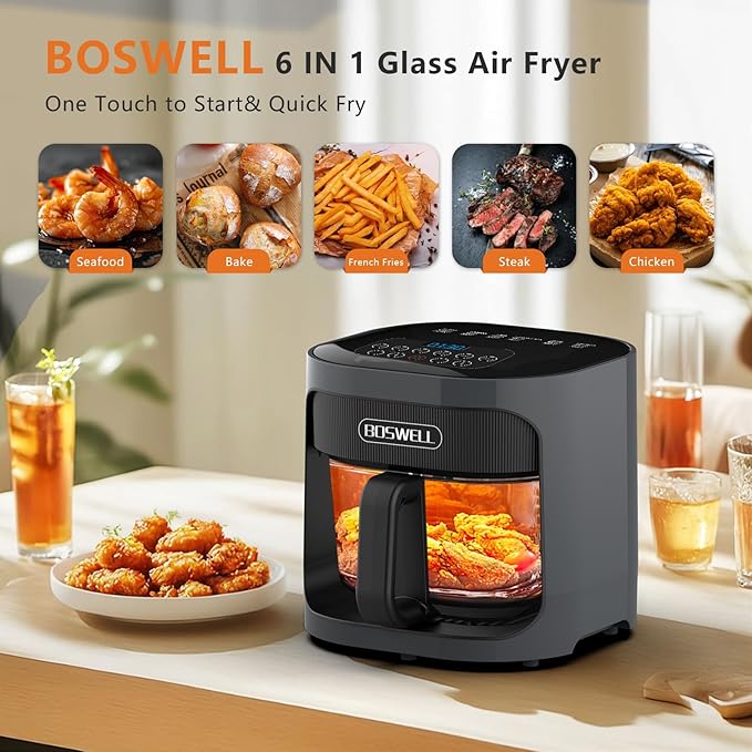 BOSWELL 4.5 QT Glass Air Fryer, 6 IN 1 Air Fryer Non-Toxic,Temperature Control, 5 Preset Menue Intelligent Panel Gray