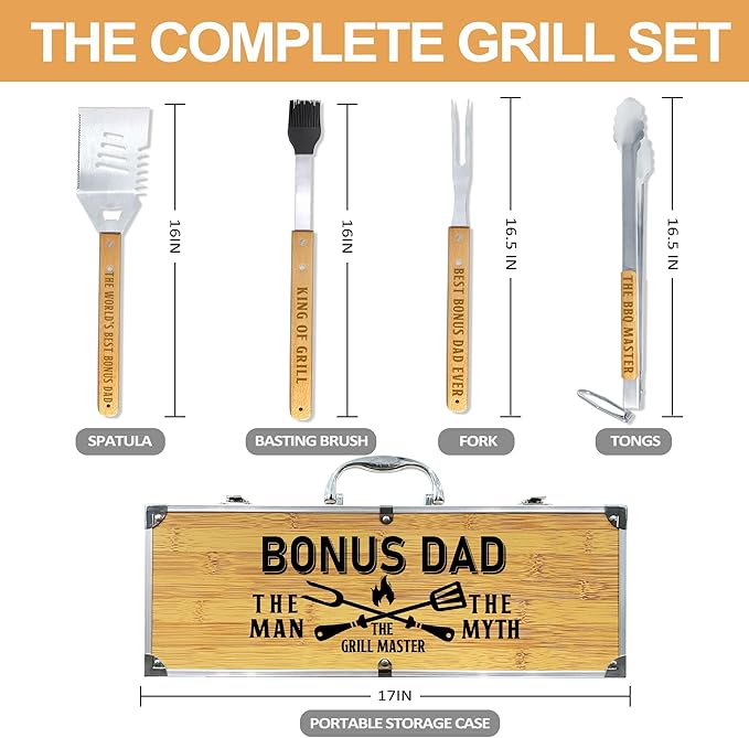 Bonus Dad Gifts from Bonus Daughter Heavy Duty Wooden BBQ Grilling Accessories Kit for Backyard, Thick Stainless Steel Grill Utensils with Non-Slip Handle Tools in Portable Bag Birthday Christmas