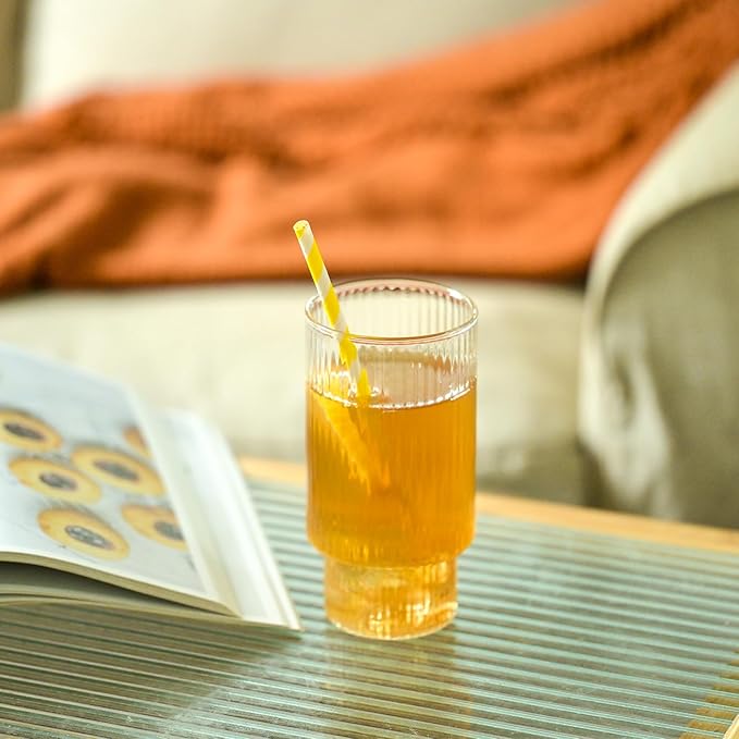 Ribbed Drinking Glasses Set of 6, 14oz Water Glasses,Vintage Glass Cups,Clear Glass Tumbler,Ribbed Glassware for Cocktail,Iced Coffee,Juice,Mojito,Decor,Gifts