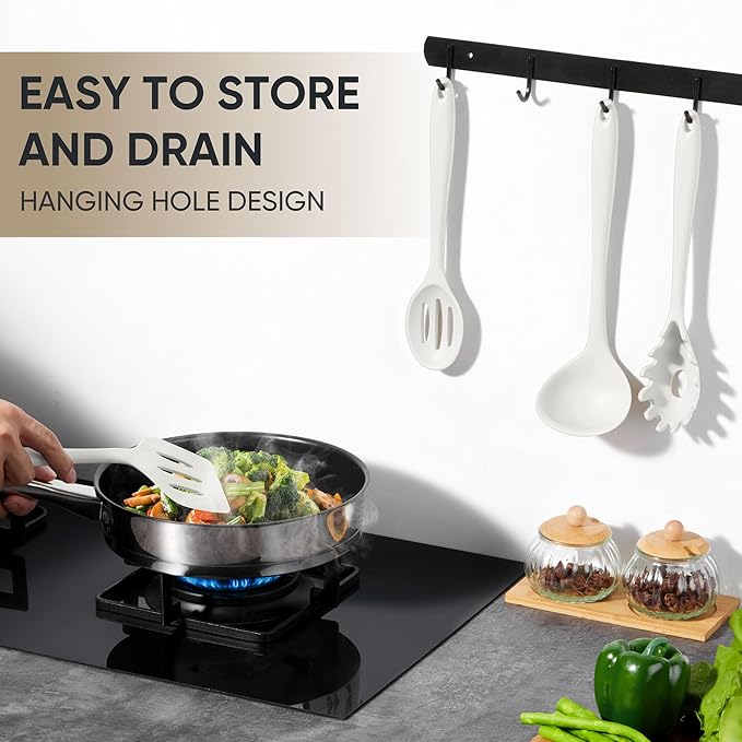 Herogo Silicone Cooking Utensils Set, 7-Piece Kitchen Utensils Set, Heat Resistant Cooking Gadget Tools Slotted Turner, Spoon, Soup Ladle, Pasta Server, Spatula, Tongs for Nonstick Cookware, White