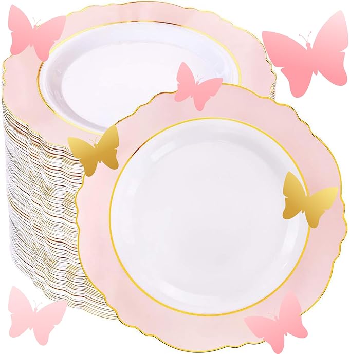 WDF 60pcs Pink Dessert Plates - 7.5inch Baroque Pink &White Disposable Dessert/Salad/Appetizer Small Cute Cake Plates for Upscale Parties &Wedding-Special for Bridal Shower, Brithday, Baby Shower