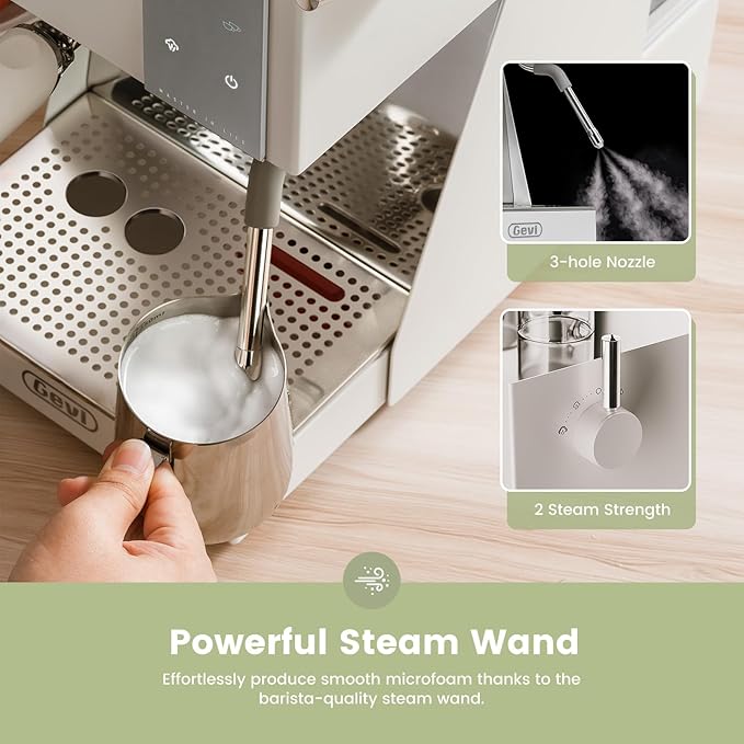 Gevi Espresso Machine with OPV, 20Bar Espresso Maker with Milk Frother Steam Wand, Dual Display, 58mm Portafilter, Stainless Steel Espresso Machines for Espresso/Latte/Cappuccino, White