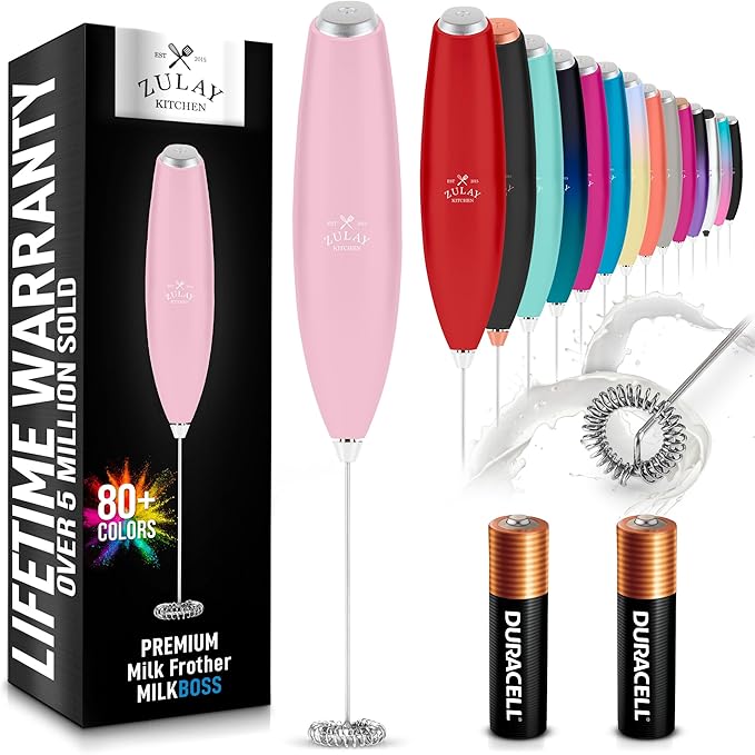 Zulay Kitchen Milk Frother Handheld Electric Whisk with AA Duracell Batteries – Durable Drink Mixer for Coffee, Lattes, Cappuccinos & More - Pink