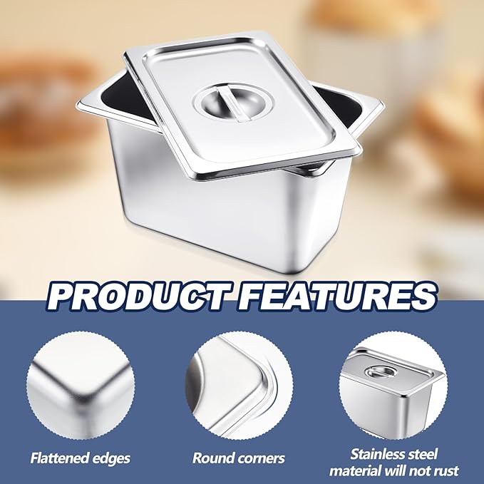 Mifoci 2 Pack Stainless Steam Hotel Pan with Lid, 1/4 Size x 6 Inch Deep, Reusable Anti Rust Steam Pan for Home, Party, Restaurant, Hotel, Buffet