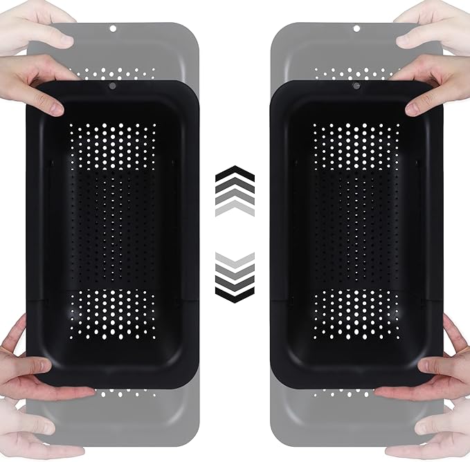 BLUE GINKGO Sink Colander Baskets - (Pack of 2) Wash Vegetables and Fruits, Drain Cooked Pasta and Dry Dishes - Extendable - New Home Kitchen Essentials (2 Black)