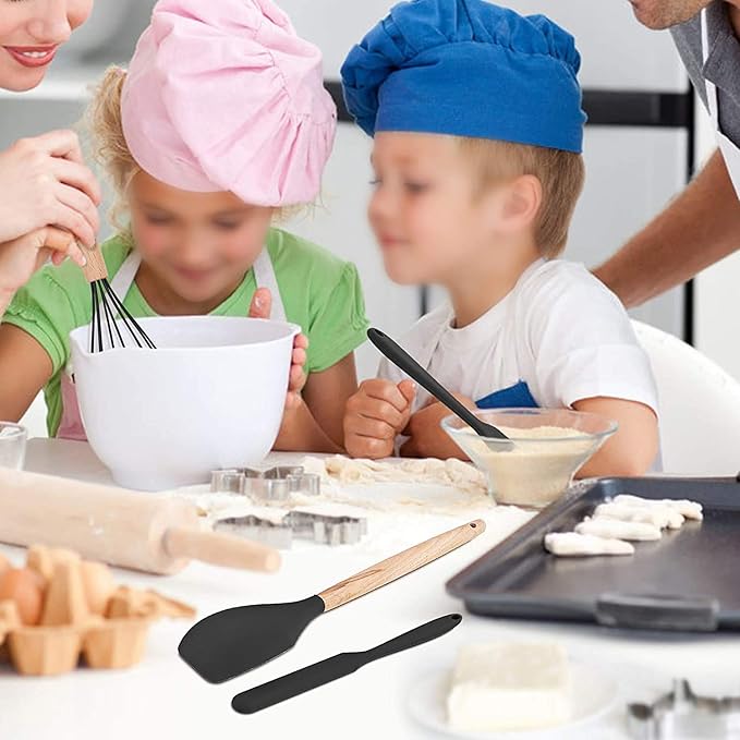 LIANYU 15-Piece Kitchen Silicone Cooking Utensils Set with Holder, Wooden Handle Kitchen Tools Include Spatula Tong Slotted Spoon Turner Whisk Brush, Black