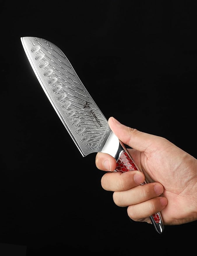 7 inch Santoku Knife, Japanese VG-10 Damascus Steel Chef Knife, Ultra Sharp Kitchen Knife with Full-tang Handle in Red Resin, LA-S9 Series