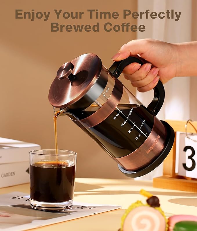 French Press Coffee Maker - 34 Ounce Classice Stainless Steel Coffee Press with 4-Level Filtration System, Heat Resistant Thickness Borosilicate Glass French Press Coffee Pot for Camping Travel Gift