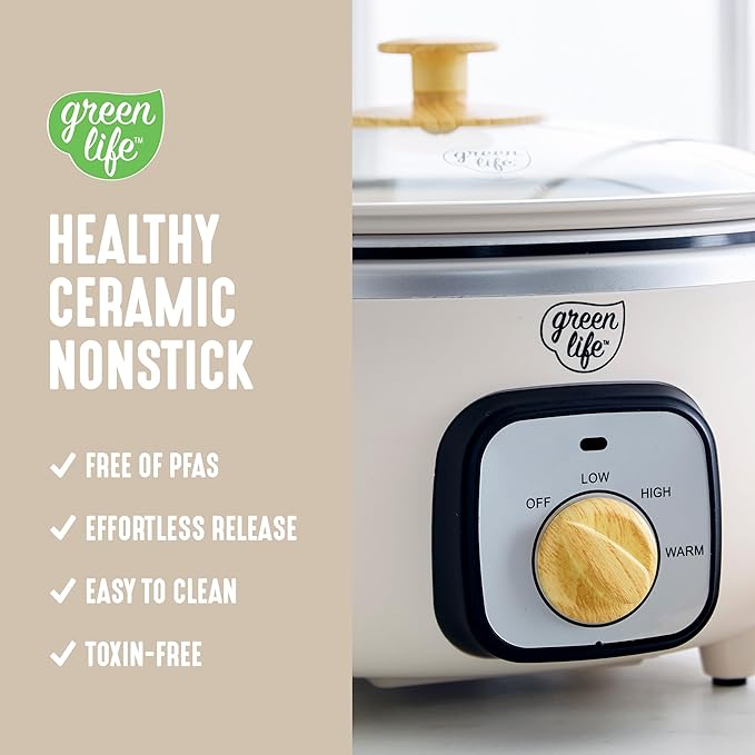 GreenLife 3.5QT Slow Cooker, Non-Toxic PFAS-Free Ceramic Nonstick Removable Interior Bowl, Programmable, Keep Warm, Stovetop & Oven Safe, Dishwasher Safe Parts, Glass Lid, Cream