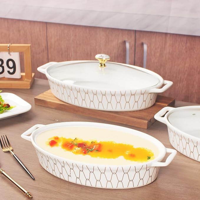 10" x 7" Ceramic Oval Casserole Dish with Glass Lid, 30 Ounce Serving Soup Tureen,Chafing Dish for Buffet, Family Food preserve Tray, Catering Casserole for Party Style