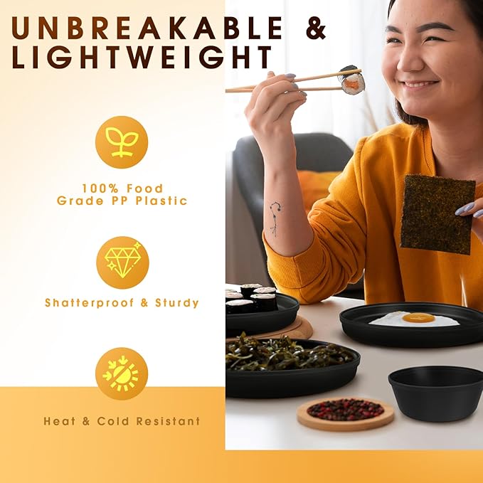 Plastic Dinnerware Sets – 40-Piece Plates and Bowls Sets with Cups, Knives, Forks and Spoons, Dishes Set for 8, Reusable Unbreakable Kitchen Dishware for Apartment, Camping, Outdoor, Black