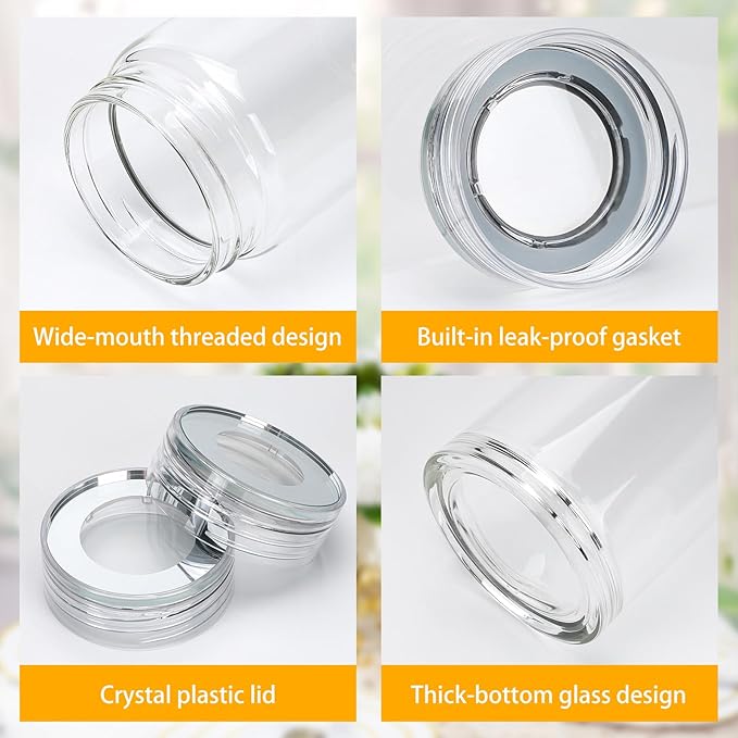 12oz Glass Bottles with Lids,Glass Bottles with lids,glass water bottles.Suitable for beverage storage, juicing, drinking water, tea, leak-proof, reusable, borosilicate 6pack