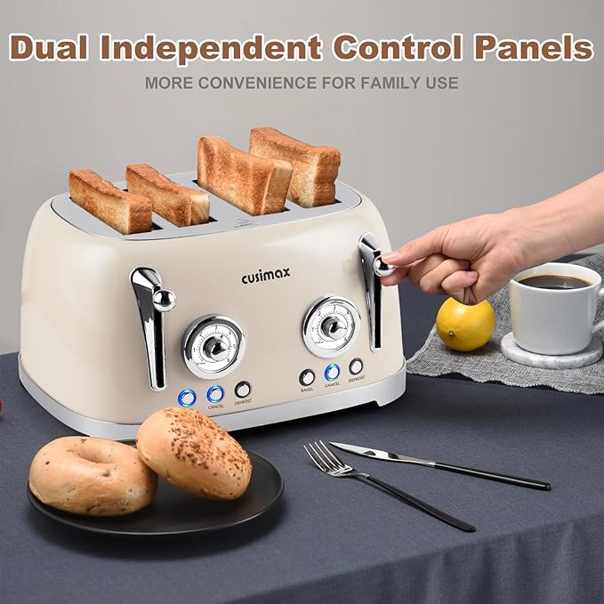 CUSIMAX Retro 4 Slice Toaster With Wide Slots for Bagels, Stainless Steel, 6 Toast Settings, Bagel, Cancel, Defrost & Reheat Functions, Dual Independent Control Panels, Cream