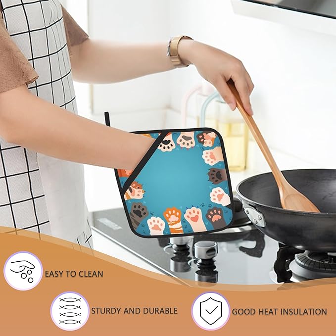 2PCS Cute Cat Paws Pot Holder with Loop,Heat Resistant Oven Pads, Hot Pat for Kitchen Cooking Baking Food