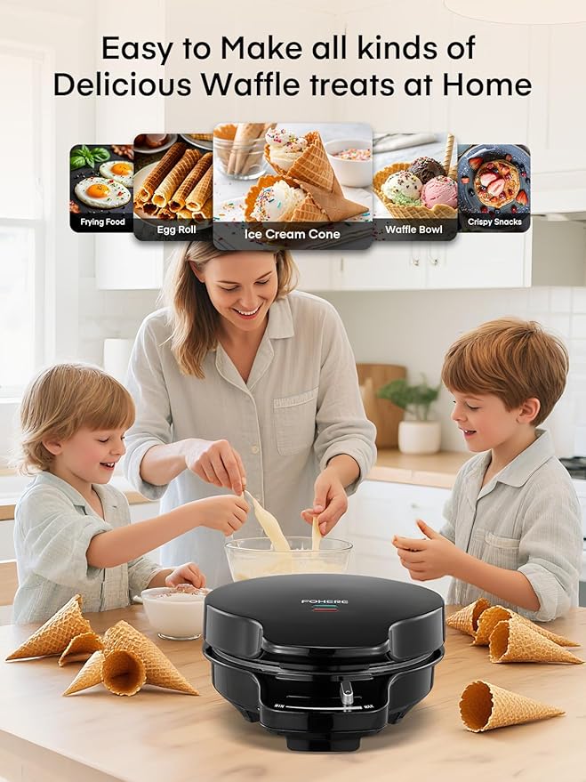 FOHERE Waffle Cone Maker Machine and Ice Cream Bowl Maker with Browning Control, Double Side Nonstick Waffle Bowl Maker with Cone Roller, 7.5” Thin Waffle Maker for Home Kitchen