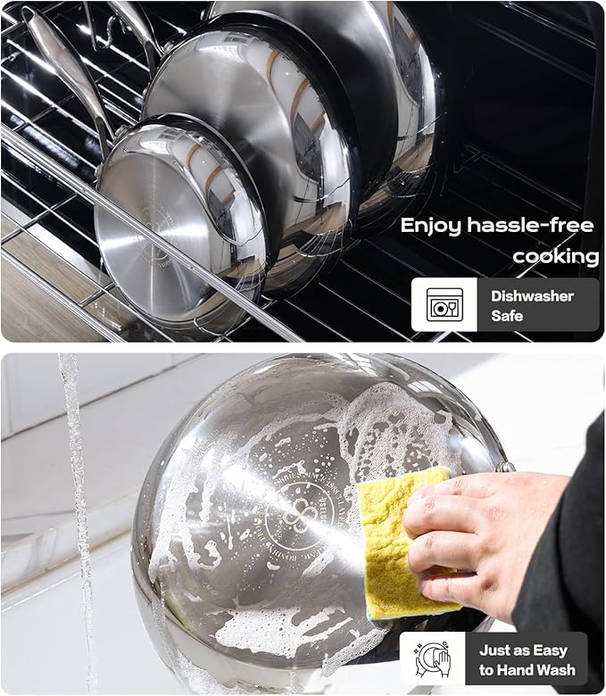 Stainless Steel 8 Inch Frying Pan NonToxic Tri-play Non-toxic Skillets Professional Cookware with Stainless Lids,Stay Cool Handles,Induction Dishwasher & Oven Safe PFOA Free