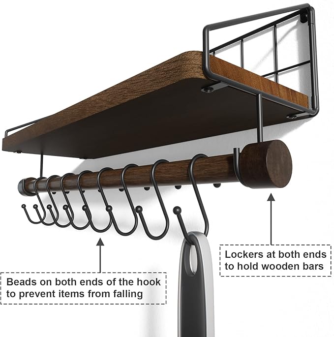 Alsonerbay Floating Shelf Wall-Mounted, Coffee Bar Shelf with Hooks and Towel Bar, Kitchen Shelves for Organizing Cooking Utensils and Mugs