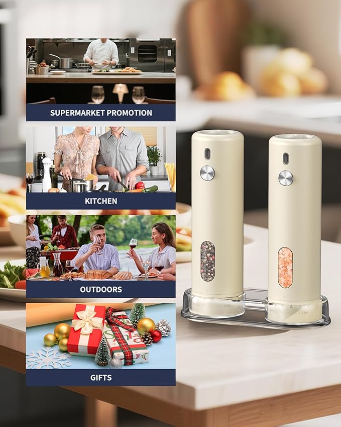 CIRCLE JOY Rechargeable Electric Salt and Pepper Grinder Set with Base, Automatic Pepper Mills with 110ml Container, External Adjustable Coarseness, White Led Light and One-Handed Operation, Begie